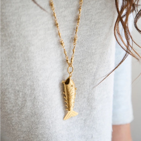 Brinker + Eliza Jewelry - BRINKER + ELIZA | ‘Tall Tale` Fish Necklace 24K Antique Gold Plated Handmade